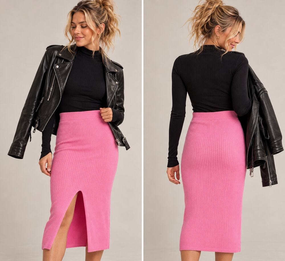 Free People Women's Skyline Ribbed Fitted Pink Front Slit Midi Skirt Size Medium